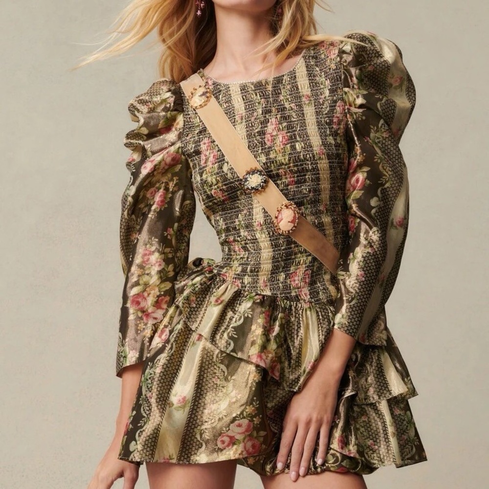 LoveShackFancy Green Floral Long Sleeve Dress